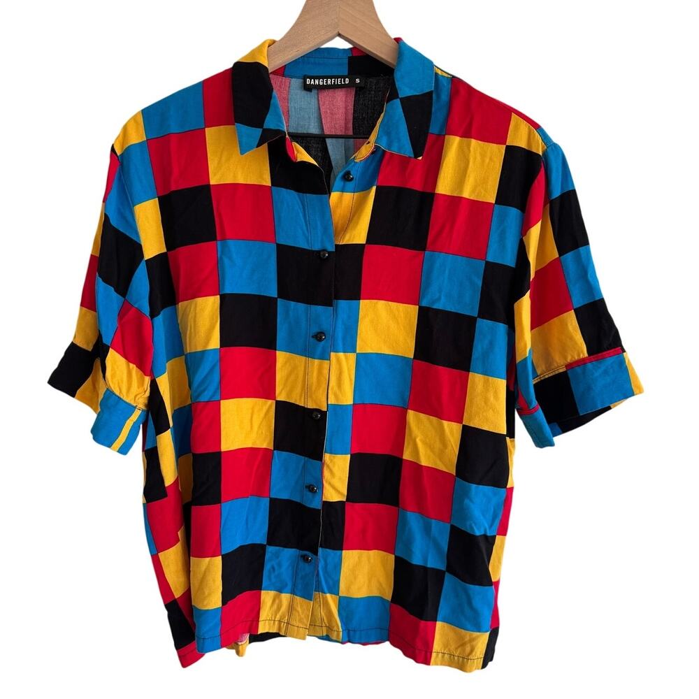 Dangerfield Size Small Retro Print Check Short Sleeve Button Down Top Shirt